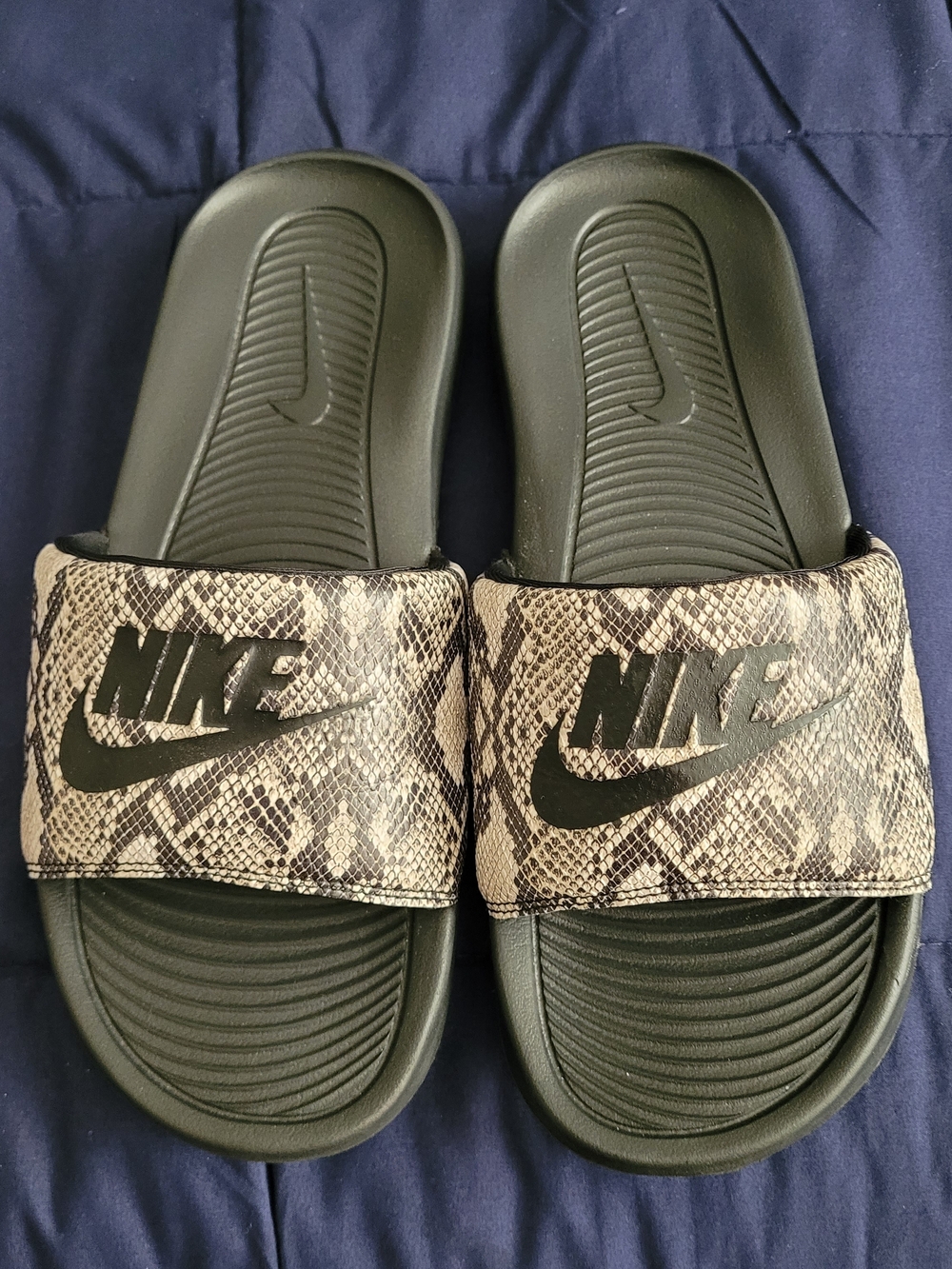 Nike Black Slides with Beige Snake-Print Strap